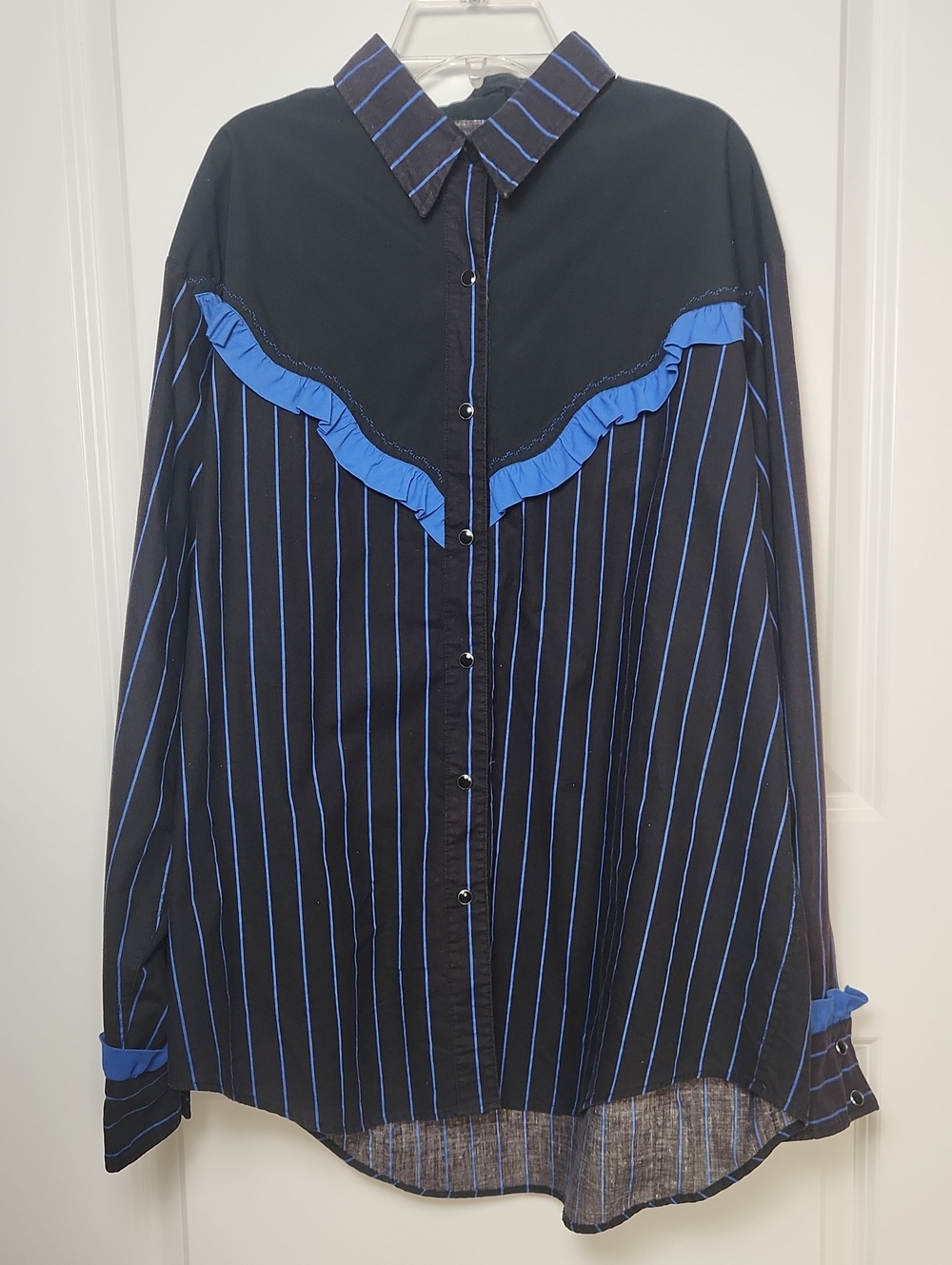 Vintage Black And Blue Striped Button-Up Western Shirt With Ruffle